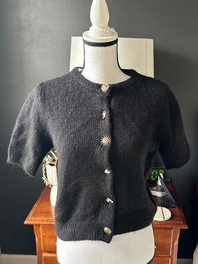 NWT - H&M Black Short Sleeve Cardigan with Gold Novelty Buttons - Sz. Small